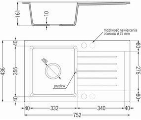 Mexen Pablo, gránit mosogató 752x436x161 mm, 1 kamrás és fekete Telma csaptelep, szürke, 6510-71-670200-70