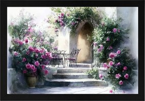 Poszter Keret Fa Ház Terasz Kert Lépcső Virágok Rózsák Nyár 60x40