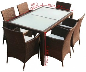 7-részes barna kültéri polyrattan étkezőszett párnákkal