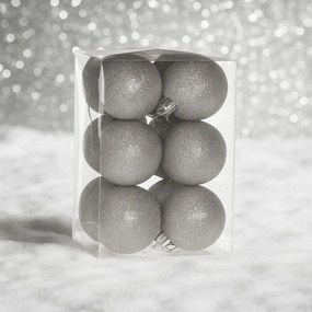 Ezüst glitteres műanyag karácsonyi gömb szett 6 cm 12 db