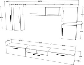 Kos V1 nappali szekrénysor, Fekete / Fényes fehér, MDF, 285 cm