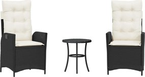 vidaXL 3 részes fekete polyrattan bisztrógarnitúra párnával