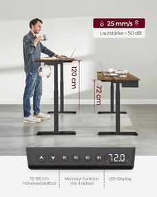 Elektromosan állítható íróasztal beépített aljzatokkal, 2 USB-porttal, fiókkal és 4 memóriahellyel, 140 x 60 x 72–120 cm, vintage barna/fekete