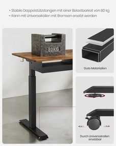 Elektromosan állítható íróasztal beépített aljzatokkal, 2 USB-porttal, fiókkal és 4 memóriahellyel, 140 x 60 x 72–120 cm, vintage barna/fekete