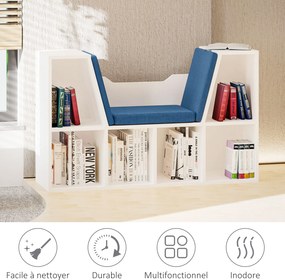 HOMCOM 2 az 1-ben Könyvespolc Pad, Modern Dizájn, 6 Rekesz, 3 Párna, 102L x 30W x 61H cm, Fehér-Kék | Aosom