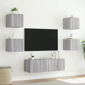 5darab szürke sonoma színű falra szerelhető TV-szekrény LED-del
