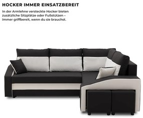 Grande sarokkanapé polcokkal és puffokkal , polc a bal karfaban puffok a jobb karfaban, jobboldali, szövet anyag, bonell töltet, fekete - fehér