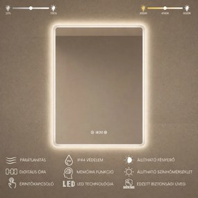 Álló fürdőszobai LED tükör 70x90cm | Páramentesítő - Óra - Fényerő és színhőmérséklet szabályozás | Welland Kath