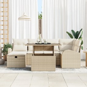 7 Részes Kert Sofaszett Párnákkal Bézs Poli Rattan, 2-Személyes Kert Kanapé Tárolóval és Párnákkal Bézs Poli Rattan