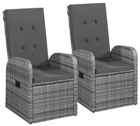 2 db szürke dönthető háttámlás polyrattan kerti szék párnával