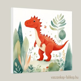 Piros dinó illusztráció akvarell – Vidám gyerekszobai falikép 40x40cm