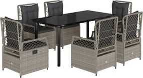 vidaXL 7 részes világosszürke polyrattan kerti étkezőszett párnával