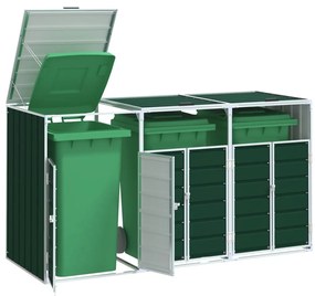 zöld acél kerekes szemetes tároló 3 szemeteskukához 216 x 81 x 115 cm