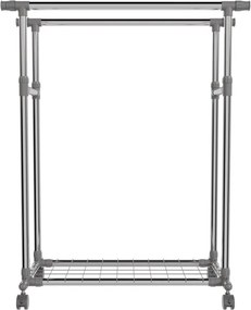 Fém ruhaállvány kerekeken 2 rúddal + polcokkal