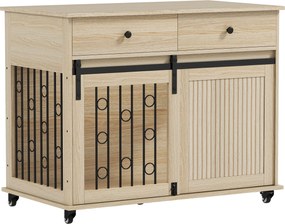 PawHut otthoni kutyabox 100 x 56 x 81 cm — kerekekkel, fiókkal, tolóajtóval és zárható oldalsó ajtóval — Tölgy | Aosom