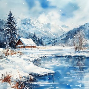 Vászonkép Canvas Tájkép Hegyek Tó Ház Tél Hó 80x80