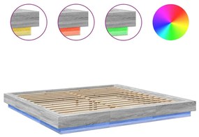 szürke sonoma színű szerelt fa ágykeret LED-del 200x200 cm