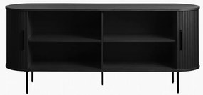 Fekete alacsony komód tolóajtóval, tölgyfa dekorral 76x180 cm Nola – Unique Furniture