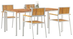 5 darabos kert étkező szett tömör akácfa, kültéri étkező asztal 180x90x75 cm tömör akácfából, rakásolható kert székek 4 db tömör akácfa és fém