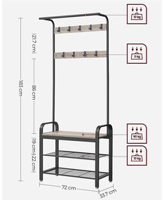 Kabáttartó állvány, kabátállvány cipőtárolóval, 183cm magas, szürke-fekete