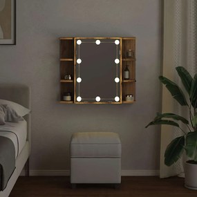 kézműves tölgy tükrös szekrény LED-ekkel 70 x 16,5 x 60 cm