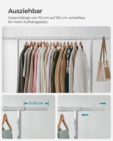 SONGMICS gurulós ruhatartó állvány, kihúzható ruharúd, max. 130 kg terhelhetőség, matt fehér