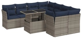 9 részes szürke polyrattan akácfa kerti ülőgarnitúra párnákkal