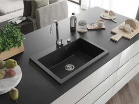 Mexen Elix 1-medencés gránit mosogató 700 x 500 mm, fekete, króm szifon - 6526701005-77