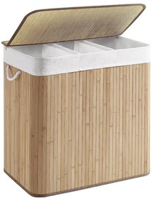 Bambusz szennyeskosár 3 rekesszel, fedéllel és fogantyúkkal, 150 literes