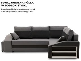 Grande sarokkanapé polcokkal és puffokkal , polc a jobb karfaban puffok a bal karfaban, jobboldali, szövet anyag, bonell töltet, szürke - fekete