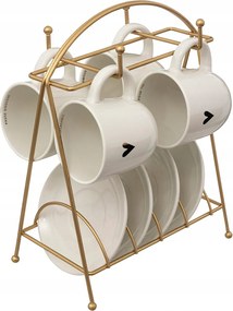 Kávéskészlet 4 Db Porcelán Bögre Csészealj Arany Floral Állványon 170 ML