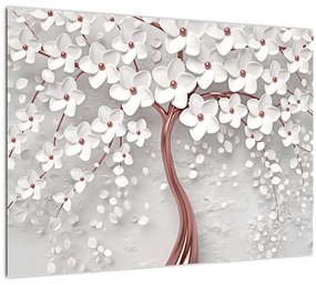 Kép - Egy fehér fa képe virágokkal, rózsaarany (üvegen) (70x50 cm)