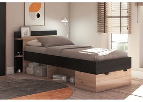 Fekete-natúr színű ágyneműtartós egyszemélyes ágy ágyrács nélkül, tölgyfa dekorral 90x200 cm Albo – Marckeric