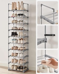 10 polcos cipőtartó, cipőtároló polc 174x45x30cm, szürke