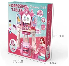 Sminkasztal lányoknak, szék és tükör, különböző kiegészítők, fények, zene, hercegnős matricák, fiók, rózsaszínű