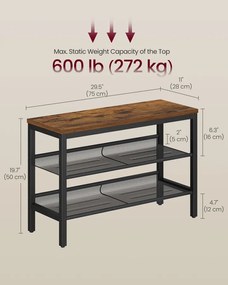 3 szintes cipőtartó pad emelt peremmel, ipari stílusban, rusztikus barna