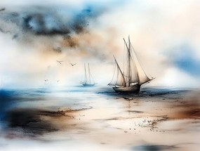 Vászonkép Canvas Tájkép Víz Tenger Csónakok Vitorlás Sirályok Köd 100x75