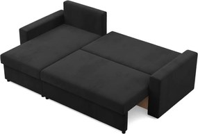 Zeus sarokkanapé, 2 ágyneműtartóval, egyenes kartámasz, szövet anyag, univerzális oldal, hab töltet, fekete