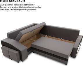Grande sarokkanapé polcokkal és puffokkal , polc a jobb karfaban puffok a bal karfaban, baloldali, szövet anyag, bonell töltet, szürke - fekete