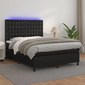 Fekete műbőr rugós ágy matraccal és LED-del 140x200 cm