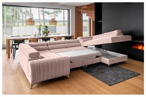 Rózsaszín kinyitható-tárolóhelyes sarokkanapé (jobb oldali-U alakú) Louis – ELTAP