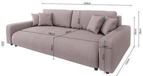 Világos rózsaszín kordbársony kinyitható tárolóhelyes kanapé 234 cm Sara – Ropez