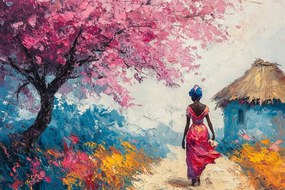 Vászonkép Canvas Tájkép Afrika Fa Virágok Nő Séta 60x40