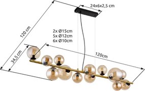 Globo 56135-13H Függeszték fém matt fekete, fém matt sárgaréz, üveg borostyán, kábel PVC átlátszó, HxSzxM: 1200x345x1200mm, üveg átmérő: 6x10cm, 5x12cm, 2x15 cm, benne 13x G9 LED 3.5W 230V, 350lm forrás, 290lm kimenet, 3000K,