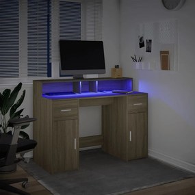 sonoma tölgy színű szerelt fa íróasztal LED-ekkel 120x55x91 cm