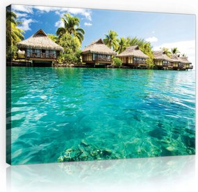 Vászonkép 80x60 Trópusi pálmafa oázis és bungaló Coastal stílusban a nappaliba