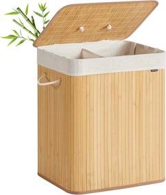 Szennyeskosár fedéllel, 2 rekeszes, 120 literes, bambusz szennyestartó, natúr