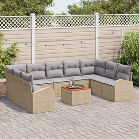 10 Darabos Kerti Kanapé Szett Párnákkal Bézs Poly Rattan Akác, 2-Személyes Kerti Kanapé Tárolóval és Párnákkal Bézs Poly Rattan