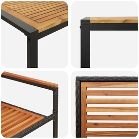 7 darabos kerti étkezőszett fekete polyrattan akácia, egymásra rakható kerti székek párnákkal 2db fekete polyrattan