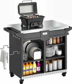 Outsunny 5 polcos grillszervizkocsi rozsdamentes acél munkalappal, állítható polcokkal, fiókkal, kerekekkel, fűszertartóval, törölközőtartóval és kamp